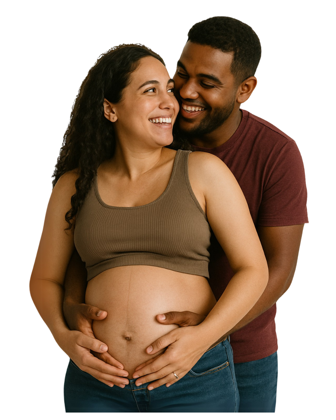 Casal feliz se abraçando, mulher grávida