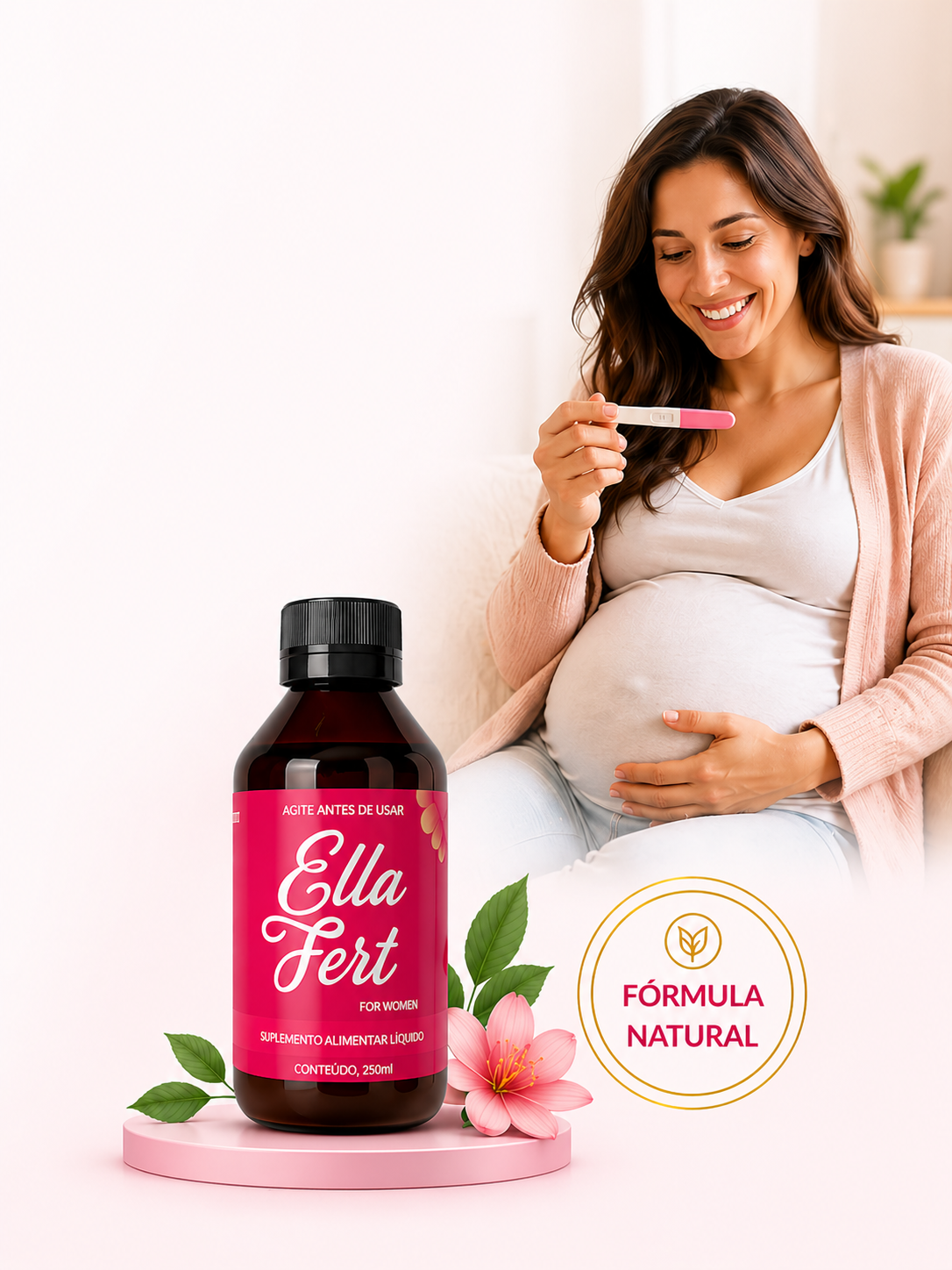 Ella Fert — mulher feliz com teste e garrafa do produto